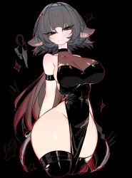 1girl animal_ears black_background black_dress black_hair black_thighhighs breasts cleavage commentary_request dress highres jane_doe_(zenless_zone_zero) large_breasts long_hair looking_at_viewer mouse_ears mouse_girl mouse_tail multicolored_hair pelvic_curtain red_hair see-through_cleavage see-through_clothes simple_background smile solo tail thick_thighs thighhighs thighs two-tone_hair usa37107692 zenless_zone_zero