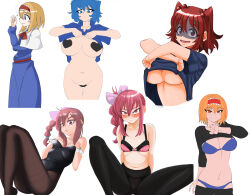 5girls absurdres alice_margatroid black_bra black_leotard black_panties black_pantyhose blonde_hair blue_bra blue_dress blue_eyes blue_hair blue_panties blue_shirt bottomless bow bowtie bra breasts brown_pantyhose capelet cigarette closed_mouth clothes_lift collared_shirt commentary_request cookie_(touhou) dress feet_out_of_frame frilled_hairband frills hair_bobbles hair_bow hair_ornament hairband heart_maebari heart_pasties highres hinase_(cookie) holding holding_cigarette huge_breasts kawashiro_nitori kofji_(cookie) large_breasts leotard long_hair looking_at_viewer maebari medium_breasts multiple_girls no_bra onozuka_komachi open_mouth orange_eyes orange_hair panties pantyhose pasties pink_eyes pink_hair purple_bow pyukasshori red_bow red_bowtie red_eyes red_hair red_hairband red_sash sash sasorihime_(cookie) shaded_face shirt shirt_lift shishou_(cookie) short_hair simple_background sitting small_breasts smile strapless strapless_leotard taisa_(cookie) touhou underboob underwear undressing white_background white_capelet