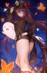 1girl ass boo_tao_(genshin_impact) breasts brown_hair bug butterfly cloud coattails flower from_behind genshin_impact ghost grin hand_on_own_hip hat hat_flower hu_tao_(genshin_impact) insect long_hair long_legs looking_at_viewer night night_sky outdoors porkpie_hat puppnet red_eyes short_shorts shorts sky small_breasts smile socks thighs twintails very_long_hair white_socks