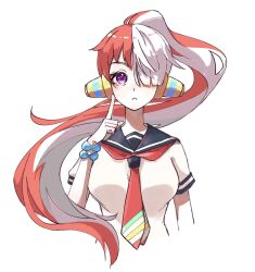 Rule 34 | 1girl, bracelet, commentary request, floating hair, headphones, highres, jewelry, looking to the side, necktie, one piece, one piece film: red, ponytail, purple eyes, red hair, red necktie, sailor collar, short sleeves, simple background, solo, sub lemolemon, upper body, uta (one piece), white background, white hair