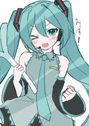 &gt;_o 1girl absurdres aqua_eyes aqua_hair aqua_necktie aqua_trim bare_shoulders black_skirt black_sleeves blush collared_shirt detached_sleeves floating_headgear food grey_shirt hair_between_eyes hatsune_miku headgear highres holding holding_food holding_spring_onion holding_vegetable long_hair long_sleeves looking_at_viewer microphone necktie one_eye_closed open_mouth shirt simple_background skirt sleeveless sleeveless_shirt solo spring_onion twintails vegetable very_long_hair vocaloid white_background wide_sleeves yukia_1128