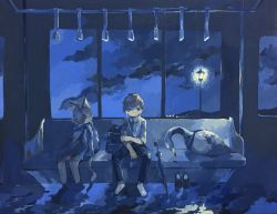 2boys acrylic_paint_(medium) animal animal_ears animal_feet animal_nose backpack bad_id bad_pixiv_id bag bandana barefoot bird black_footwear black_pants blue_eyes blue_sky blue_theme body_fur breast_pocket bright_pupils brown_fur brown_hair cat_boy cat_ears cat_tail chair cloak closed_eyes closed_umbrella clothed_animal cloud collared_shirt full_body furry furry_male glowing hand_grip headphones highres indoors lamppost long_sleeves looking_to_the_side male_focus multiple_boys night no_mouth original painting_(medium) pants pocket shirt shoes short_hair sitting sky sleeping susutouka swan swept_bangs tail traditional_media train_interior umbrella unworn_backpack unworn_bag unworn_shoes water whiskers white_pupils white_shirt window