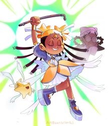 afro_puffs aika_(kiana_mai) artbeanwithaj1 dark_skin dreadlocks highres holding holding_lead_pipe hoshi_(kiana_mai) i_don&#039;t_want_to_be_a_magical_girl lead_pipe magical_girl star-shaped_hair star_guardian:_guardian_of_the_stars star_hair_bun toon_(style) very_dark_skin zira_(kiana_mai)