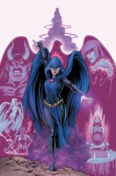 1girl bird blue_cloak candle cape cloak colored_skin commentary crow dc_comics demon detached_sleeves earrings english_commentary extra_eyes full_body highres jewelry long_sleeves looking_at_viewer magic meditation nicolascottart official_art purple_nails raven_(dc) solo superhero_costume teen_titans western_comics_(style) witch