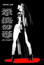 Rule 34 | 1girl, absurdres, belt, black background, bracelet, closed mouth, dress, english text, full body, headpiece, high heels, highres, jewelry, long hair, looking at viewer, looking back, neitheyagi, nun, original, partially colored, pelvic curtain, red eyes, short sleeves, simple background, smile, socks, solo, standing