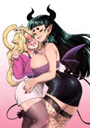 2girls @_@ animal_ears ball_earrings black_choker black_skirt blonde_hair blue_skirt blush breast_press breasts brown_thighhighs cat_ears cat_girl cat_tail charlotte_(insouwu) choker crop_top demon_girl demon_horns demon_tail fang fishnet_thighhighs fishnets from_side full-face_blush green_eyes green_hair grin groping heart heart_tail highres horns huge_breasts insouwu lips long_hair looking_at_viewer multiple_girls nail_polish naughty_face open_mouth original pink_sweater pointy_ears red_eyes sharp_teeth short_eyebrows skirt smile sweater tail teeth thighhighs yuri