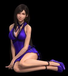 1girl 3d armpit_crease artist_name bare_legs bare_shoulders black_background black_hair blue_dress blue_shoes breasts cleavage closed_mouth commentary dress earrings english_commentary final_fantasy final_fantasy_vii final_fantasy_vii_remake full_body high_heels highres hoop_earrings jewelry large_breasts legs long_hair looking_at_viewer patreon_username red_eyes ribbon shadow shoes short_dress simple_background sitting sleeveless sleeveless_dress smile solo sreliata strappy_heels swept_bangs thighs tifa_lockhart tifa_lockhart_(refined_dress) toe_cleavage very_long_hair yokozuwari