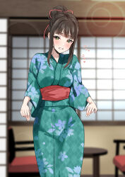 1girl absurdres architecture breasts brown_hair chair commentary_request cowboy_shot east_asian_architecture floral_print floral_print_kimono green_eyes green_kimono grin hair_bun hair_ribbon hamaguchi_ayame heart highres idolmaster idolmaster_cinderella_girls indoors japanese_clothes kimono medium_breasts murabito_c obi print_kimono red_ribbon red_sash ribbon round_table sash shouji sliding_doors smile table wooden_table yukata