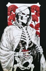 1boy apple bitten_apple cloak food food_bite fruit greyscale_with_colored_background highres holding holding_food holding_fruit lich looking_at_viewer open_clothes overlord_(maruyama) propercybertron red_eyes skeleton solo white_cloak