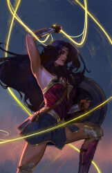 1girl armor black_hair blue_background blue_skirt circlet commentary cowboy_shot dc_comics english_commentary gradient_background holding holding_shield kloysius lasso_of_truth long_hair profile shield skirt solo wonder_woman wonder_woman_(series)