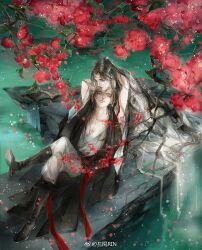 2boys arm_around_neck arms_up black_boots black_hair black_hanfu boots branch chinese_clothes closed_eyes closed_mouth collarbone couple crossed_legs faux_traditional_media flower grey_eyes guqin hair_ribbon hanfu headband hug hug_from_behind ink_wash_painting instrument kcllzas163 lan_wangji light_particles long_hair looking_at_another lying male_focus modao_zushi multiple_boys outdoors pants pectoral_cleavage pectorals ponytail red_flower red_ribbon red_sash ribbon rock sash shadow sitting smile third-party_source water watermark wei_wuxian weibo_watermark white_hanfu white_headband white_pants wide_sleeves yaoi