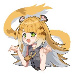 1girl animal_ear_fluff animal_ears blonde_hair colored_inner_hair fang gloves green_eyes highres jacket ju_fufu long_hair looking_at_viewer multicolored_hair open_mouth shirt shorts skin_fang smile solo tail tiger_ears tiger_girl tiger_tail user_hyuk7287 zenless_zone_zero