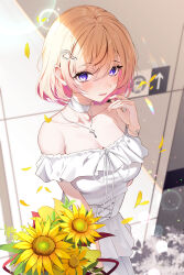 1girl absurdres bare_shoulders blonde_hair blush breasts choker cleavage dress flower gradient_hair hair_ornament hairclip highres large_breasts looking_at_viewer multicolored_hair off-shoulder_dress off_shoulder original pink_hair purple_eyes sikimosh smile solo white_choker white_dress