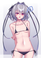1girl :o alternate_costume armpit_crease arms_behind_back bare_shoulders bikini black_bikini black_ribbon blush border breasts breasts_apart collarbone commentary cowboy_shot eyes_visible_through_hair fang frown furrowed_brow gluteal_fold grey_background grey_hair groin hair_between_eyes hair_intakes hair_ribbon halterneck hapymaher highres long_ribbon looking_at_viewer mate_(oktavia1121) medium_breasts medium_hair micro_bikini naitou_maia navel open_mouth outside_border red_eyes ribbon side-tie_bikini_bottom simple_background slit_pupils solo stomach swimsuit twitter_username two_side_up watermark white_border