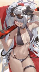 1girl absurdres bare_shoulders bikini black_bikini black_choker black_gloves blue_archive blush bolt_action breasts choker clenched_teeth dark-skinned_female dark_skin demon_tail eyewear_on_head gloves grey_hair gun hair_over_one_eye halo highres holding holding_weapon iori_(blue_archive) iori_(swimsuit)_(blue_archive) long_hair looking_at_viewer mauser_98 multi-strapped_bikini_bottom navel official_alternate_costume pointy_ears ramuri recliner red_eyes rifle side-tie_bikini_bottom solo stomach string_bikini sunglasses swimsuit tail teeth thigh_strap thighs twintails very_long_hair weapon
