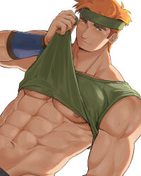 1boy abs bara bracer clothes_lift commentary_request dutch_angle fire_emblem fire_emblem:_the_binding_blade green_headband headband highres lifting_own_clothes lot_(fire_emblem) male_focus muscular muscular_male navel nintendo nipples orange_hair shirt_lift solo tsukimura_(d24f4z8j3t) underpec