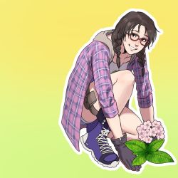 1girl absurdres bespectacled black_eyes black_gloves blue_shoes braid commentary denim denim_shorts english_commentary flower full_body gardening glasses gloves grin hair_over_shoulder hanny_(uirusu_chan) highres hood hood_down hoodie julia_chang looking_at_viewer medium_hair meme namco on_one_knee open_clothes open_hoodie outline plaid_clothes plaid_hoodie pouch public_service_announcement purple_hoodie red-framed_eyewear shoes shorts simple_background sleeves_rolled_up smile sneakers solo tekken tekken_7 template textless_version thigh_pouch twin_braids