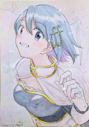1girl blue_background blue_eyes blue_hair blue_shirt blue_sleeves buttons cape collared_cape colored_eyelashes colored_inner_hair commentary_request dated detached_sleeves diamond_button dot_nose floating_cape fortissimo frilled_shirt frills gloves grin hair_between_eyes hair_ornament hairclip happy high_collar highres light_blush light_particles long_sleeves mahou_shoujo_madoka_magica mahou_shoujo_madoka_magica_(anime) miki_sayaka miki_sayaka_(magical_girl) multicolored_hair musical_note musical_note_hair_ornament photo_(medium) purple_hair shirt short_hair signature smile solo strapless strapless_shirt swept_bangs tareme traditional_media two-tone_shirt ultimate_magnum upper_body white_cape white_gloves white_shirt