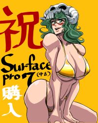 1girl absurdres alternate_eye_color arrancar bare_shoulders bikini bleach breasts english_text facial_mark female_focus green_eyes green_hair highres japanese_text large_breasts long_hair mask mask_on_head nelliel_tu_odelschwanck open_mouth simple_background skull_on_head soyuz001 swimsuit translation_request yellow_background