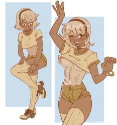 1girl ;d adjusting_clothes adjusting_legwear arm_up bangle bare_arms black_collar black_eyes black_hairband blush bracelet breasts brown_shorts collar commentary crop_top dark-skinned_female dark_skin earrings hairband high_heels highres jewelry klimspree looking_at_viewer medium_breasts micro_shorts multiple_views no_bra one_eye_closed open_mouth original puffy_nipples ribbed_thighhighs shirt short_sleeves shorts smile symbol-only_commentary tan thighhighs yellow_shirt