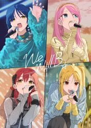 4girls ahoge alternate_costume blonde_hair blue_eyes blue_hair blue_nails blue_sweater bocchi_the_rock! earrings english_text from_below gotoh_hitori grey_shirt hair_ornament hairband hairclip hand_up highres ijichi_nijika jewelry kanaria_hisagi kessoku_band kita_ikuyo long_hair long_sleeves looking_to_the_side medium_hair microphone multiple_girls music pink_hair poster_(medium) reaching reaching_towards_viewer red_eyes red_hair ring shirt short_hair side_ponytail singing sleeves_past_wrists sweater yamada_ryo yellow_eyes yellow_shirt