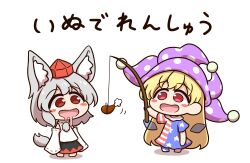 2girls american_flag american_flag_dress american_flag_legwear american_flag_pants american_flag_print american_flag_shirt animal_ears bare_shoulders blonde_hair blush blush_stickers clownpiece detached_sleeves dress drooling fairy_wings flag_print food grey_hair hat highres holding inubashiri_momiji jester_cap long_hair multiple_girls neck_ruff open_mouth pants pantyhose polka_dot polka_dot_headwear pom_pom_(clothes) print_pants print_shirt purple_hat red_eyes red_hat ribbon-trimmed_sleeves ribbon_trim shirt shitacemayo short_hair short_sleeves simple_background skirt smile star_(symbol) star_print striped_clothes striped_dress tail tokin_hat touhou translation_request transparent_wings white_background white_hair wings wolf_ears wolf_girl wolf_tail