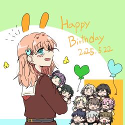 1girl :3 :d ;d =_= ^_^ animal_ears anyoji_hime balloon blush blush_stickers ceras_yanagida_lilienfeld character_doll closed_eyes closed_mouth commentary dated doll drawn_ears fujishima_megumi hair_ornament happy_birthday hasu_no_sora_school_uniform heart_balloon highres hinoshita_kaho holding holding_doll kachimachi_kosuzu katsuragi_izumi link!_like!_love_live! love_live! lying medium_hair momose_ginko murano_sayaka neckerchief notice_lines one_eye_closed open_mouth orange_hair osawa_rurino otomune_kozue profile rabbit_ears rabbit_hair_ornament raon_515 red_neckerchief sailor_collar school_uniform sideways_mouth simple_background smile solo symbol-only_commentary two_side_up virtual_youtuber white_background white_sailor_collar winter_uniform yugiri_tsuzuri