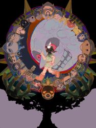 belt boots brown_belt brown_boots facial_mark fairy fierce_deity green_tunic grey_hair highres link majora_(entity) male_focus mask navi nintendo phrygian_cap running short_sleeves the_legend_of_zelda the_legend_of_zelda:_majora&#039;s_mask tunic wantamushroom white_eyes