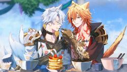 2boys animal_ears armor armored_gloves black_choker black_coat black_shirt blonde_hair blue_eyes blue_sky blurry braid chest_tattoo choker closed_eyes coat collared_shirt crumbs depth_of_field dog_ears dog_tail facial_tattoo feeding flour food fruit gold_necklace gradient_hair highres holding holding_spoon honkai:_star_rail honkai_(series) jewelry male_focus moonya multicolored_hair multiple_boys mydei_(honkai:_star_rail) necklace open_clothes open_coat pancake pancake_stack pauldrons phainon_(honkai:_star_rail) red_hair red_tattoo shirt short_hair shoulder_armor side_braid single_pauldron sky spoon strawberry sweat table tail tail_wagging tattoo toned toned_male utensil_in_mouth white_coat white_hair yaoi yellow_eyes