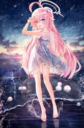 1girl absurdres ahoge aiu_. arm_up bare_legs barefoot blue_archive blue_eyes dress frilled_dress frills halo heterochromia highres hoshino_(blue_archive) loli long_hair open_mouth orange_eyes pink_hair pink_halo revision solo thigh_strap toes very_long_hair white_dress