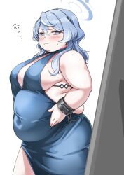 1girl ako_(blue_archive) ako_(dress)_(blue_archive) backless_dress backless_outfit belly blue_archive blue_dress blue_eyes blue_hair blush breasts broken_handcuffs covered_navel dress embarrassed fat fat_rolls fat_woman from_side hair_ornament halo hand_on_own_stomach highres large_breasts looking_at_viewer medium_hair nyurunyu sideboob single_handcuff skindentation solo standing sweat thick_arms tight_clothes weight_conscious white_background