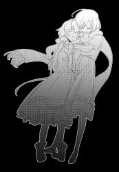 Rule 34 | 2girls, aaniko, ahoge, apron, arms around neck, bandaid, bandaid on cheek, bandaid on face, black background, boots, buttons, character request, chinese commentary, closed eyes, commentary request, crying, dress, flats, frilled apron, frilled dress, frills, fringe trim, full body, hair between eyes, hair ornament, hairclip, halftone, highres, hug, kagerou project, long dress, long hair, long sleeves, looking at another, medium skirt, multiple girls, open mouth, outline, pleated dress, puffy short sleeves, puffy sleeves, ribbon-trimmed skirt, ribbon trim, sad, scarf, short hair, short sleeves, simple background, skirt, sleeve cuffs, teardrop, three-quarter sleeves, very long hair, wavy hair