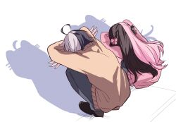 1boy 1girl black_hair black_shoes brown_hair brown_sweater cat_shadow_puppet_(meme) eugeo_032 grey_pants grey_skirt highres indie_virtual_youtuber iris_black_games kamito_(vtuber) meme pants pink_hair pink_sweater shoes skirt squatting sweater tachibana_hinano virtual_youtuber vspo! white_hair