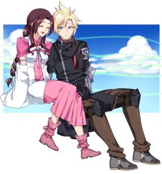 1boy 1girl aerith_gainsborough aerith_gainsborough_(floral_gown) armor black_coat black_pants blonde_hair blue_eyes boots border braid breasts brown_boots brown_hair capelet closed_eyes cloud cloud_strife cloud_strife_(mystic_coat) cloudy_sky coat couple detached_sleeves dress final_fantasy final_fantasy_vii final_fantasy_vii_ever_crisis full_body hair_between_eyes hair_ribbon herzenreine hetero highres japanese_clothes knee_pads leather_armor lifestream long_coat long_hair looking_at_another medium_breasts official_alternate_costume open_mouth pants parted_bangs pink_boots pink_capelet pink_dress ribbon short_hair shoulder_armor sidelocks single_braid sitting sky smile spiked_hair white_border white_ribbon white_sleeves wide_sleeves