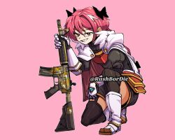 1boy assault_rifle astolfo_(fate) black_bow black_shirt black_shoes black_thighhighs boots bow brown_eyes commentary commission counter-strike_(series) counter-strike_2 english_commentary fate_(series) full_body garter_straps gloves grin gun hair_bow highres holding holding_gun holding_weapon hugo_(rushbordie) long_hair looking_at_viewer m4_carbine male_focus on_one_knee pink_background pink_hair rifle shirt shoes simple_background smile solo team_dignitas thighhighs very_long_hair weapon white_boots white_gloves