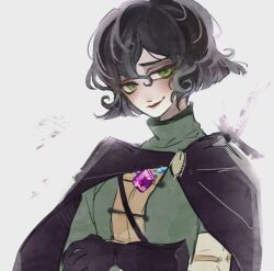 black_cape black_hair breasts cape cassandra_(tangled) chest_jewel crossed_arms gloves green_eyes green_shirt hair_between_eyes half-closed_eyes looking_afar medium_breasts shirt short_hair smile tangled rapunzel&#039;s_tangled_adventure upper_body