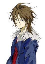 Rule 34 | 1boy, black eyes, blue jacket, brown hair, chinese commentary, closed mouth, commentary request, daodaoliehuodaodaobao, fur-trimmed jacket, fur trim, hair between eyes, highres, isoi reiji, jacket, male focus, medium hair, open clothes, open jacket, red shirt, saibou shinkyoku, sanpaku, shirt, simple background, solo, upper body, white background