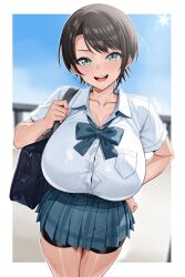 1girl absurdres bike_shorts black_shorts blue_skirt blush breasts brown_hair collared_shirt green_eyes handplug highres hololive large_breasts looking_at_viewer oozora_subaru open_mouth pleated_skirt shirt short_hair short_sleeves shorts shorts_under_skirt skirt smile solo swept_bangs virtual_youtuber white_shirt