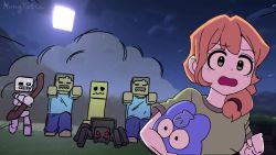&gt;_&lt; 1girl 6+others alex_(minecraft) allay animated arrow_(projectile) artist_name audible_music backlighting battle black_eyes black_sclera blue_pants blue_shirt blue_sky boots bow_(weapon) brown_coat brown_footwear brown_pants carrying carrying_under_arm character_name chicken_(minecraft) clenched_hand cloud coat colored_sclera colored_skin constricted_pupils creature creeper door dual_wielding dust english_text explosion eye_contact fallen_down fighting fleeing full_moon gameplay_mechanics giant glowing glowing_eye gradient_sky grass green_shirt green_skin grin hair_over_shoulder hair_tie happy health_bar hiding highres holding holding_bow_(weapon) holding_creature holding_sword holding_weapon hongyatta house iron_golem_(minecraft) kneeling long_hair looking_at_another minecraft moon motion_blur multiple_others night orange_hair outdoors own_hands_together pants path punching red_eyes road running sans_(undertale) scared seiza shirt short_sleeves shouting sidelocks signature sitting skeleton skeleton_(minecraft) sky smile smoke sound speech_bubble spider_(minecraft) standing star_(sky) sword talking teeth tripping undertale user_interface video villager_(minecraft) watermark weapon zombie_(minecraft)