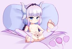 1girl 2025 anus bar_censor bed blue_eyes blush censored dragon_girl dragon_horns feet female_focus flat_chest hairband highres horns kanna_kamui kobayashi-san_chi_no_maidragon legs loli looking_at_viewer navel nipples on_bed pillow pussy solo stomach tagme tail thighs toes vel