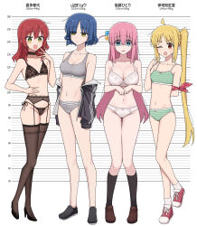 Rule 34 | 4girls, absurdres, ahoge, arm behind back, armpit crease, black bra, black panties, black shoes, black thighhighs, blonde hair, blue eyes, blue hair, bocchi the rock!, bow, bow bra, bow panties, bra, breasts, brown shoes, channel (caststation), choker, cleavage, clothes writing, collarbone, cube hair ornament, duplicate, flat chest, full body, garter belt, gloom (expression), gotoh hitori, green bra, green eyes, green panties, grey panties, grey sports bra, hair between eyes, hair ornament, hand on own hip, height, height chart, high heels, highres, ijichi nijika, kessoku band, kita ikuyo, knees together feet apart, lace, lace bra, lace choker, large breasts, lineup, lingerie, loafers, long hair, medium breasts, medium hair, mole, mole under eye, multiple girls, navel, one eye closed, panties, petite, pigeon-toed, pink hair, pixel-perfect duplicate, red bow, red eyes, red hair, red shoes, shaded face, shoes, short hair, side-tie panties, side ponytail, small breasts, sneakers, socks, sparkling eyes, sports bra, sports panties, standing, stomach, string panties, striped bra, striped clothes, striped panties, sweatdrop, thigh gap, thighhighs, thighs, underwear, underwear writing, very long hair, weight, white bow, yamada ryo, yellow eyes