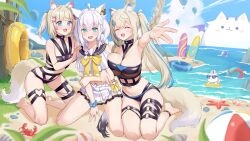 Rule 34 | 3girls, :d, absurdres, ahoge, aircraft, animal ears, anklet, aqua eyes, armpits, ball, barefoot, beach, beachball, bikini, bikini skirt, black bikini, black sailor collar, blonde hair, blue eyes, blue hair, blue sky, bow, braid, breasts, chest bow, closed eyes, clothing cutout, cloud, commentary, commission, crossed bangs, day, dog ears, dog girl, dog tail, double-parted bangs, english commentary, fang, fox ears, fox girl, fox tail, frilled bikini, frills, fuwawa abyssgard, fuwawa abyssgard (holonatsu paradise), hair between eyes, hair ornament, hairclip, highres, hololive, hololive english, holonatsu paradise, hot air balloon, jewelry, kangbus, kneeling, large breasts, long hair, looking at viewer, low twin braids, mococo abyssgard, mococo abyssgard (holonatsu paradise), multicolored hair, multiple girls, navel, o-ring, o-ring thigh strap, official alternate costume, official alternate hairstyle, open mouth, outdoors, outstretched arm, parallel hairclips, perroccino (fuwamoco), pink hair, planted surfboard, ponytail, sailor collar, scrunchie, second-party source, shirakami fubuki, shirakami fubuki (holonatsu paradise), short hair, shoulder cutout, siblings, side braid, sisters, sitting, skin fang, sky, smile, starfish, stomach, streaked hair, sukonbu (shirakami fubuki), surfboard, swim ring, swimsuit, tail, thigh strap, twin braids, twins, two side up, very long hair, virtual youtuber, white bikini, white hair, wrist scrunchie, x hair ornament, yellow bow