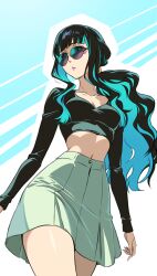 Rule 34 | 1girl, black hair, blue hair, breasts, cleavage, colored inner hair, commentary, english commentary, eyeliner, fate/grand order, fate (series), grey eyes, long hair, long sleeves, makeup, medium breasts, midriff, multicolored hair, navel, ponytail, round eyewear, sidelocks, skirt, solo, sunglasses, tenochtitlan (fate), zantyarz