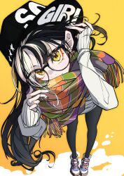 1girl adjusting_hair black-framed_eyewear black_hair black_hat black_leggings black_nails ear_piercing earrings glasses hat highres jewelry leaning_forward leggings long_hair looking_at_viewer masadaora multicolored_hair multicolored_scarf original piercing playing_with_own_hair print_headwear scarf shoes sideways_hat sleeves_past_wrists smile solo standing white_hair yellow_background yellow_eyes