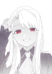 Rule 34 | 1girl, artist name, ascot, bad anatomy, bad hands, collared shirt, curtained hair, dated, eyes visible through hair, fate/stay night, fate (series), greyscale, grin, hand in own hair, hand up, head tilt, highres, illyasviel von einzbern, long hair, long sleeves, looking at viewer, monochrome, ninatmrsa3661, red eyes, shirt, sidelocks, simple background, sleeves past wrists, smile, solo, spot color, straight-on, twitter username, upper body, watermark, wing collar