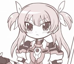 Rule 34 | 1girl, :&lt;, bad id, bad twitter id, blush, cosplay, earrings, gloves, hair ribbon, jewelry, long hair, looking at viewer, lyrical nanoha, magia record: mahou shoujo madoka magica gaiden, magical girl, mahou shoujo madoka magica, minami rena, monochrome, puffy sleeves, reverse (bluefencer), ribbon, simple background, solo, takamachi nanoha, takamachi nanoha (cosplay), white background