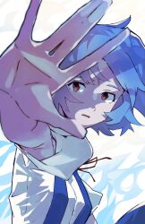 1girl ayanami_rei blue_dress blue_hair dress highres neck_ribbon neon_genesis_evangelion parted_lips pinafore_dress red_eyes ribbon school_uniform short_hair sleeveless sleeveless_dress solo tokyo-3_middle_school_uniform yagisawa_teru