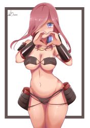 Rule 34 | absurdres, armor, bikini, bikini armor, black bikini, blue eyes, blush, breasts, brown hair, cleavage, clever lion, cosplay, go-toubun no hanayome, headphones, heart, heart hands, highres, japanese armor, large breasts, looking at viewer, murakumo (senran kagura), nakano miku, senran kagura, stomach, swimsuit