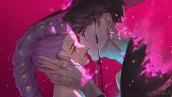 Rule 34 | 1boy, 1girl, adam&#039;s apple, bare shoulders, black hair, black robe, body markings, braid, brown eyes, claws, couple, crying, crying with eyes open, demon boy, demon girl, ear piercing, earrings, fire, from side, glowing, gradient background, hair ornament, hand on another&#039;s head, hashtag-only commentary, hat, hetero, highres, incoming kiss, jewelry, jinu (kpop demon hunters), korean clothes, kpop demon hunters, leaning back, leaning forward, long braid, long hair, looking at another, markings, moncolart, multiple rings, parted lips, piercing, purple background, purple fire, purple hair, ring, robe, rumi (kpop demon hunters), sad, short hair, single braid, single earring, standing, streaming tears, swept bangs, tears, upper body