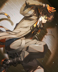 1boy alban_knox black_boots boots brick_wall brown_coat brown_hair brown_pants coat glasses gloves hand_up highres looking_at_viewer male_focus nijisanji nijisanji_en orange_gloves pants parted_lips solo tsugutoku virtual_youtuber yellow_eyes
